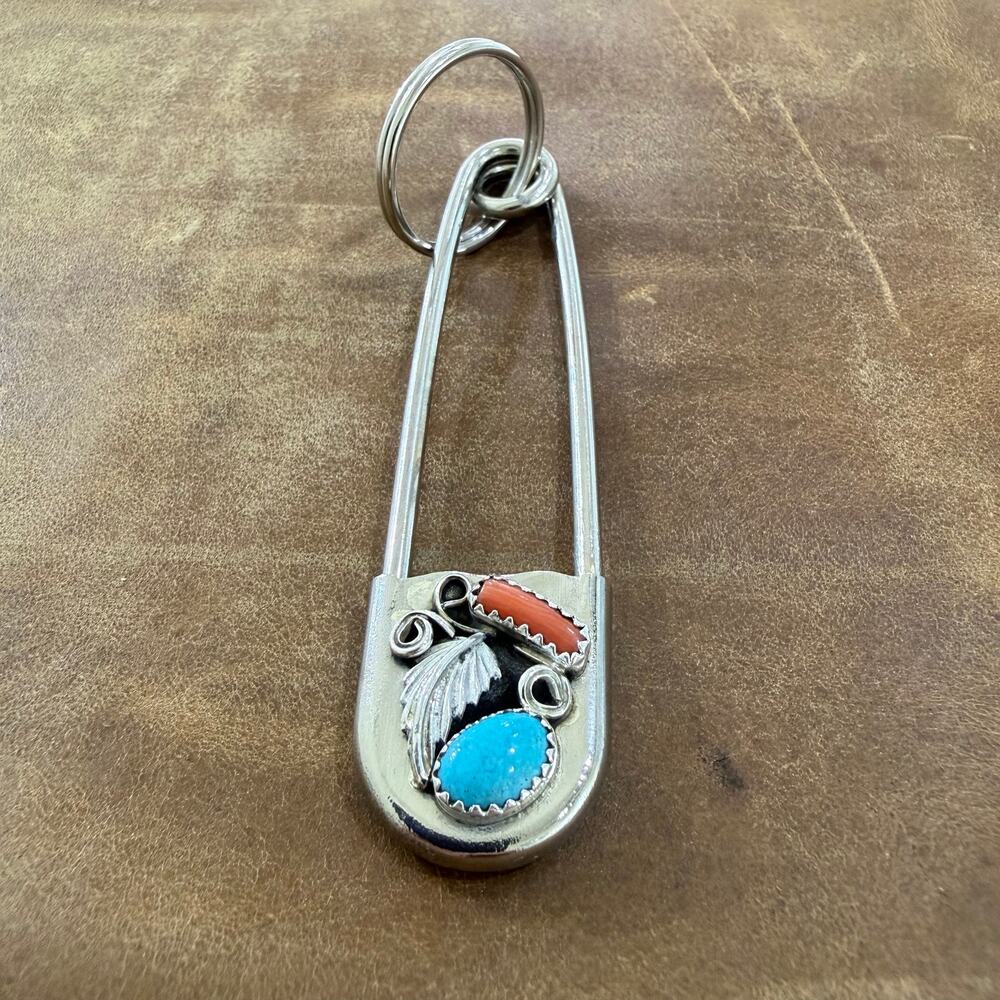 Native American Navajo Key Chain Safety Pin Sterling Silver Turquoise & Coral